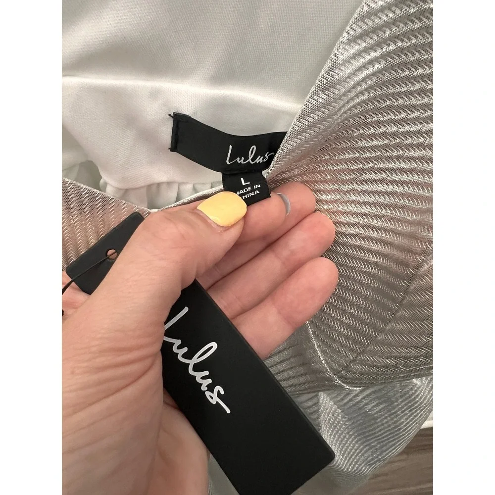 Lulus Silver Metallic Textured Mini Dress Surplice V-Neck Cocktail Party Large - Picture 4 of 7